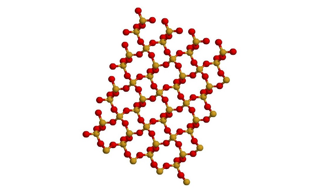 Molécule de quartz, sur Rastop. En rouge les atomes d'oxygène, en orange le silicium.